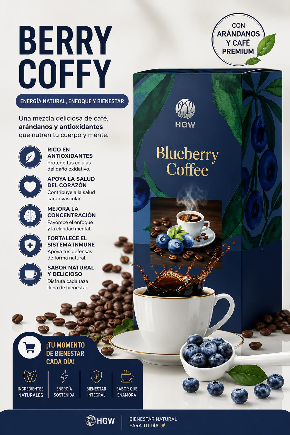 Café Soluble con Arándanos HGW | Energía y Antioxidantes en Cada Taza.