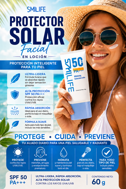 Protector Solar Aclarante SMILIFE SPF 50+ PA+++  Protección UV e Hidratación Diaria