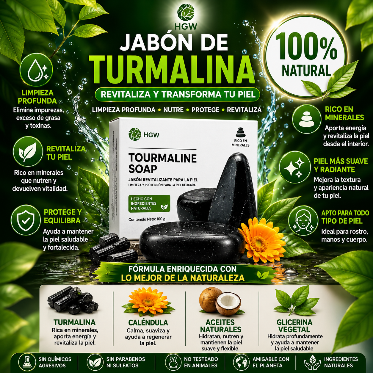 Jabón Natural De Turmalina Control Acné Y Limpieza Pack 2 Unidades