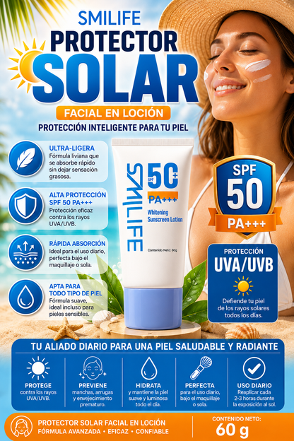 Protector Solar Aclarante SMILIFE SPF 50+ PA+++  Protección UV e Hidratación Diaria